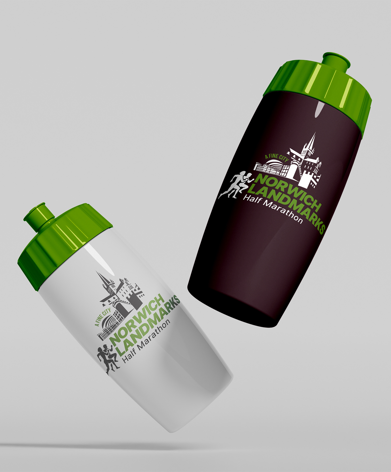 Norwich Landmarks half marathon logo mockup on drink bottles