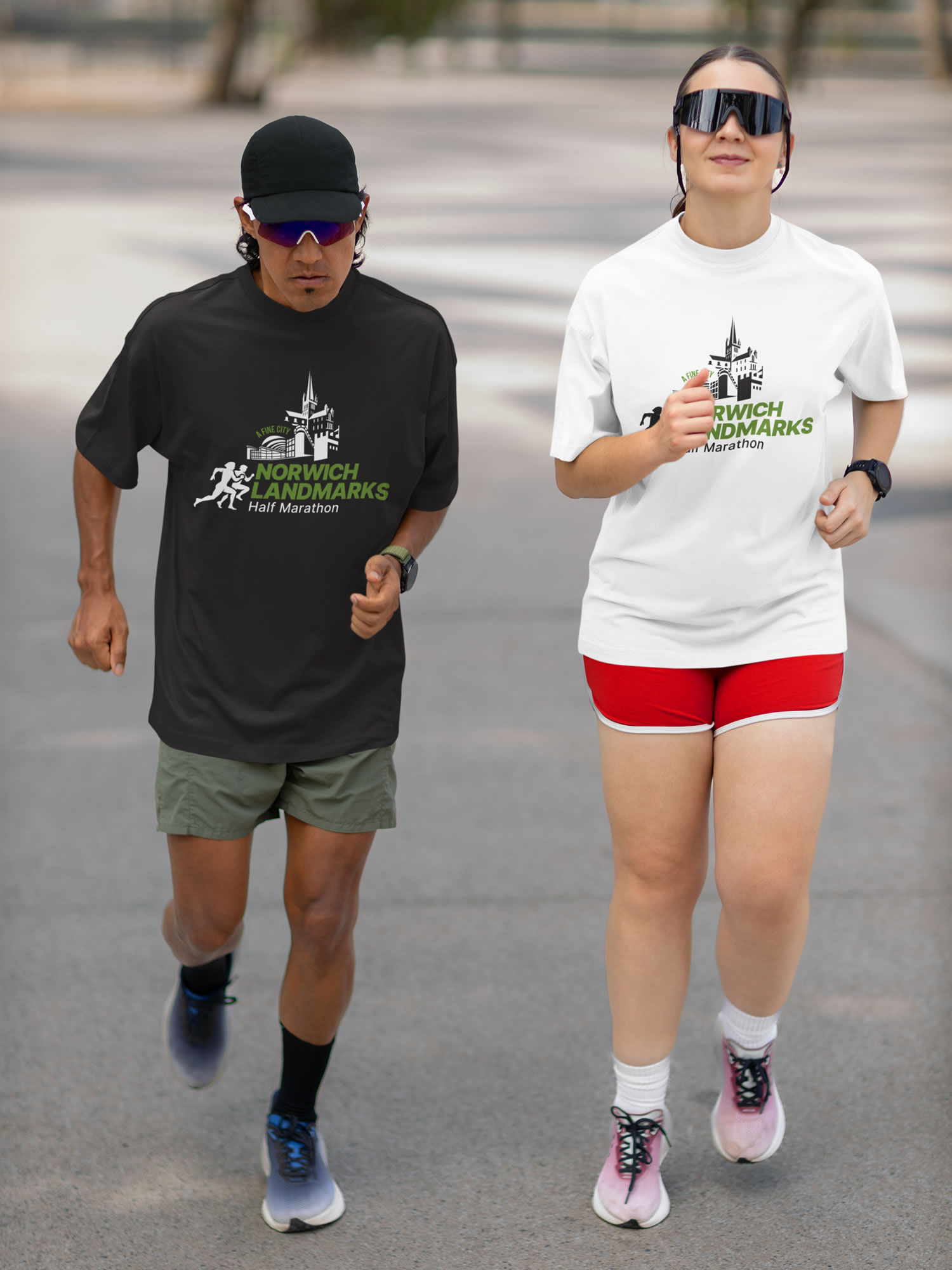 Norwich Landmarks half marathon logo mockup on t-shirts - two people running