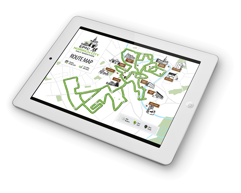 EPIC Norwich City Half Marathon branding, illustration